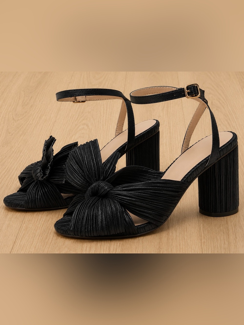 Black Pleated Bow Block Heel Sandals Size 6 | Ankle Strap Dress Shoes - Picture 2 of 7